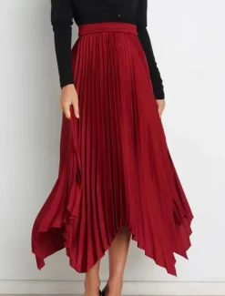 Hot Women's Skirt Swing Long Skirt Elegant Fashion Maxi High Waist Skirts Solid Colored Pleated Asymmetric Hem Party Street Black White Wine Dark Green Spring & Summer Satin Women Skirts