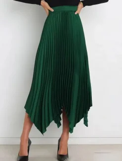 Hot Women's Skirt Swing Long Skirt Elegant Fashion Maxi High Waist Skirts Solid Colored Pleated Asymmetric Hem Party Street Black White Wine Dark Green Spring & Summer Satin Women Skirts