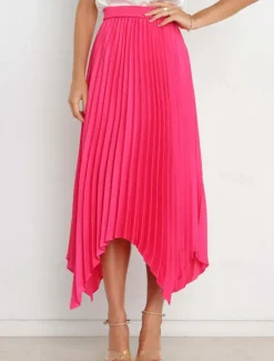 Hot Women's Skirt Swing Long Skirt Elegant Fashion Maxi High Waist Skirts Solid Colored Pleated Asymmetric Hem Party Street Black White Wine Dark Green Spring & Summer Satin Women Skirts