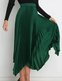 Hot Women's Skirt Swing Long Skirt Elegant Fashion Maxi High Waist Skirts Solid Colored Pleated Asymmetric Hem Party Street Black White Wine Dark Green Spring & Summer Satin Women Skirts