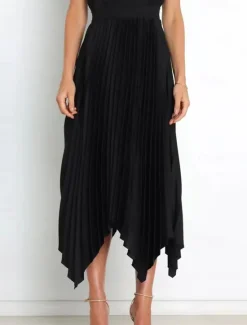 Hot Women's Skirt Swing Long Skirt Elegant Fashion Maxi High Waist Skirts Solid Colored Pleated Asymmetric Hem Party Street Black White Wine Dark Green Spring & Summer Satin Women Skirts