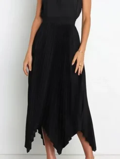 Hot Women's Skirt Swing Long Skirt Elegant Fashion Maxi High Waist Skirts Solid Colored Pleated Asymmetric Hem Party Street Black White Wine Dark Green Spring & Summer Satin Women Skirts