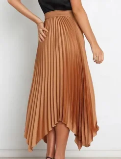 Hot Women's Skirt Swing Long Skirt Elegant Fashion Maxi High Waist Skirts Solid Colored Pleated Asymmetric Hem Party Street Black White Wine Dark Green Spring & Summer Satin Women Skirts
