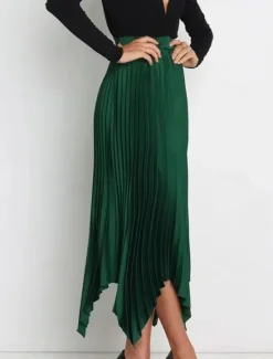 Hot Women's Skirt Swing Long Skirt Elegant Fashion Maxi High Waist Skirts Solid Colored Pleated Asymmetric Hem Party Street Black White Wine Dark Green Spring & Summer Satin Women Skirts