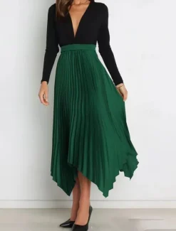 Hot Women's Skirt Swing Long Skirt Elegant Fashion Maxi High Waist Skirts Solid Colored Pleated Asymmetric Hem Party Street Black White Wine Dark Green Spring & Summer Satin Women Skirts