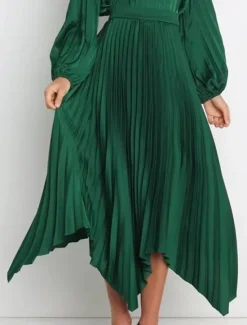 Hot Women's Skirt Swing Long Skirt Elegant Fashion Maxi High Waist Skirts Solid Colored Pleated Asymmetric Hem Party Street Black White Wine Dark Green Spring & Summer Satin Women Skirts