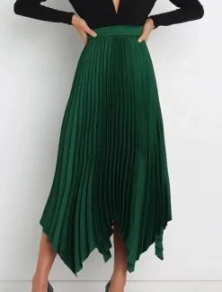 Hot Women's Skirt Swing Long Skirt Elegant Fashion Maxi High Waist Skirts Solid Colored Pleated Asymmetric Hem Party Street Black White Wine Dark Green Spring & Summer Satin Women Skirts