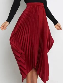 Hot Women's Skirt Swing Long Skirt Elegant Fashion Maxi High Waist Skirts Solid Colored Pleated Asymmetric Hem Party Street Black White Wine Dark Green Spring & Summer Satin Women Skirts