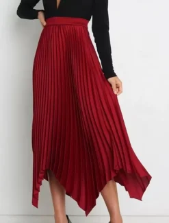 Hot Women's Skirt Swing Long Skirt Elegant Fashion Maxi High Waist Skirts Solid Colored Pleated Asymmetric Hem Party Street Black White Wine Dark Green Spring & Summer Satin Women Skirts