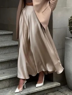 Online Women's Skirt Swing Long Skirt Elegant Fashion Maxi High Waist Skirts Solid Colored Street Daily Black White Khaki Summer Satin Women Skirts