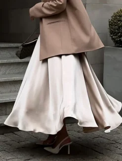 Online Women's Skirt Swing Long Skirt Elegant Fashion Maxi High Waist Skirts Solid Colored Street Daily Black White Khaki Summer Satin Women Skirts
