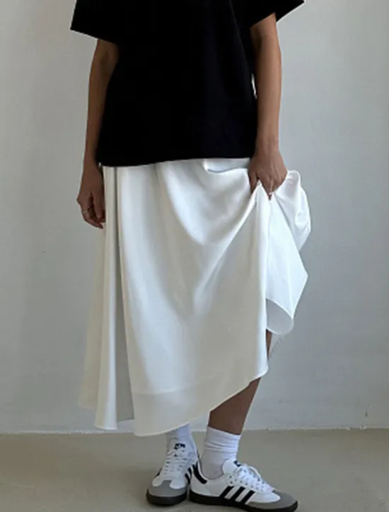 Online Women's Skirt Swing Long Skirt Elegant Fashion Maxi High Waist Skirts Solid Colored Street Daily Black White Khaki Summer Satin Women Skirts