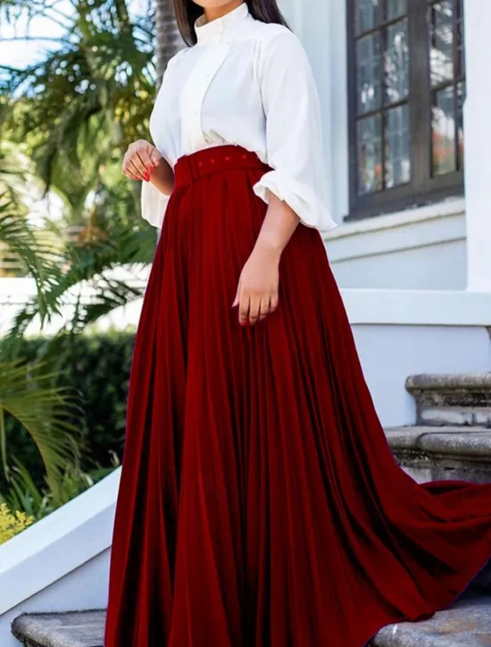 Outlet Women's Skirt Swing Maxi High Waist Skirts Pleated Ruffle Solid Colored Street Daily Spring & Summer Elegant Fashion Black White Wine Purple Women Skirts
