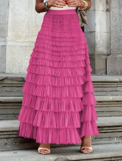 Outlet Women's Skirt Swing Tutu Maxi High Waist Skirts Pleated Solid Colored Street Daily Spring & Summer Elegant Fashion Casual Apricot Black Khaki Rose Red Women Skirts