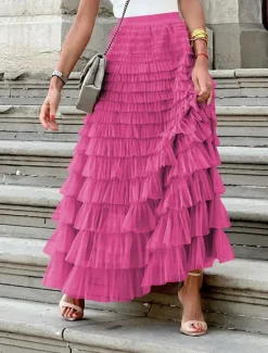 Outlet Women's Skirt Swing Tutu Maxi High Waist Skirts Pleated Solid Colored Street Daily Spring & Summer Elegant Fashion Casual Apricot Black Khaki Rose Red Women Skirts