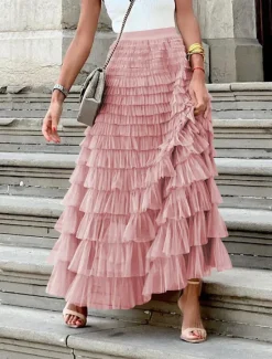 Outlet Women's Skirt Swing Tutu Maxi High Waist Skirts Pleated Solid Colored Street Daily Spring & Summer Elegant Fashion Casual Apricot Black Khaki Rose Red Women Skirts