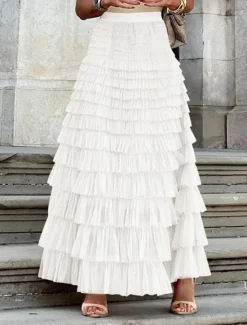 Sale Women's Skirt Tutu Fashion Casual Maxi High Waist Skirts Solid Colored Ruffle Going out Casual Daily Apricot Black White Khaki Summer Polyester Women Skirts