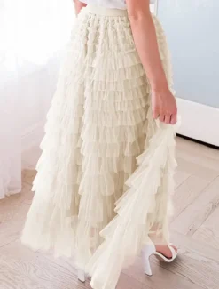 Sale Women's Skirt Tutu Fashion Casual Maxi High Waist Skirts Solid Colored Ruffle Going out Casual Daily Apricot Black White Khaki Summer Polyester Women Skirts