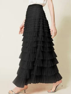 Sale Women's Skirt Tutu Fashion Casual Maxi High Waist Skirts Solid Colored Ruffle Going out Casual Daily Apricot Black White Khaki Summer Polyester Women Skirts