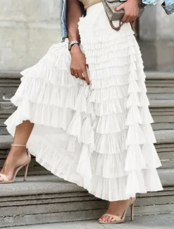 Sale Women's Skirt Tutu Fashion Casual Maxi High Waist Skirts Solid Colored Ruffle Going out Casual Daily Apricot Black White Khaki Summer Polyester Women Skirts