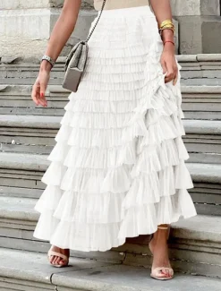 Sale Women's Skirt Tutu Fashion Casual Maxi High Waist Skirts Solid Colored Ruffle Going out Casual Daily Apricot Black White Khaki Summer Polyester Women Skirts