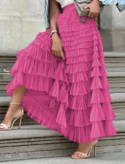 Sale Women's Skirt Tutu Fashion Casual Maxi High Waist Skirts Solid Colored Ruffle Going out Casual Daily Apricot Black White Khaki Summer Polyester Women Skirts