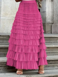 Sale Women's Skirt Tutu Fashion Casual Maxi High Waist Skirts Solid Colored Ruffle Going out Casual Daily Apricot Black White Khaki Summer Polyester Women Skirts