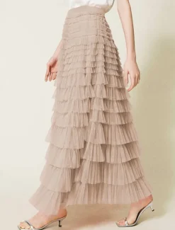 Sale Women's Skirt Tutu Fashion Casual Maxi High Waist Skirts Solid Colored Ruffle Going out Casual Daily Apricot Black White Khaki Summer Polyester Women Skirts