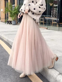 Outlet Women's Skirt Tutu Midi Skirts Tulle Chiffon Print Solid Colored Birthday Party Casual Daily Spring & Summer Preppy Black White Pink Camel Women Skirts