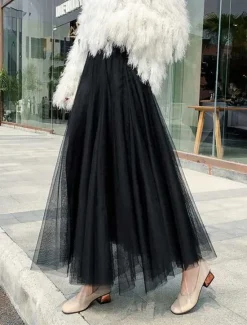 Outlet Women's Skirt Tutu Midi Skirts Tulle Chiffon Print Solid Colored Birthday Party Casual Daily Spring & Summer Preppy Black White Pink Camel Women Skirts