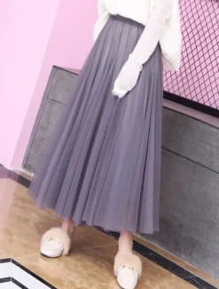 Outlet Women's Skirt Tutu Midi Skirts Tulle Chiffon Print Solid Colored Birthday Party Casual Daily Spring & Summer Preppy Black White Pink Camel Women Skirts