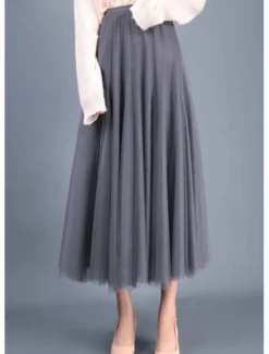 Outlet Women's Skirt Tutu Midi Skirts Tulle Chiffon Print Solid Colored Birthday Party Casual Daily Spring & Summer Preppy Black White Pink Camel Women Skirts