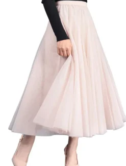 Outlet Women's Skirt Tutu Midi Skirts Tulle Chiffon Print Solid Colored Birthday Party Casual Daily Spring & Summer Preppy Black White Pink Camel Women Skirts