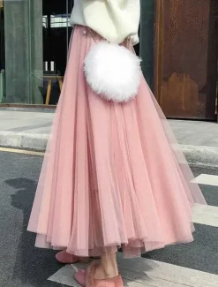 Outlet Women's Skirt Tutu Midi Skirts Tulle Chiffon Print Solid Colored Birthday Party Casual Daily Spring & Summer Preppy Black White Pink Camel Women Skirts