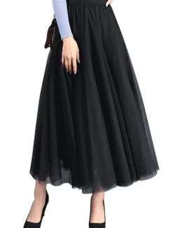 Outlet Women's Skirt Tutu Midi Skirts Tulle Chiffon Print Solid Colored Birthday Party Casual Daily Spring & Summer Preppy Black White Pink Camel Women Skirts
