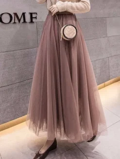 Outlet Women's Skirt Tutu Midi Skirts Tulle Chiffon Print Solid Colored Birthday Party Casual Daily Spring & Summer Preppy Black White Pink Camel Women Skirts