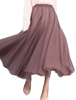 Outlet Women's Skirt Tutu Midi Skirts Tulle Chiffon Print Solid Colored Birthday Party Casual Daily Spring & Summer Preppy Black White Pink Camel Women Skirts