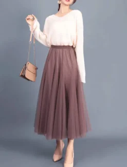 Outlet Women's Skirt Tutu Midi Skirts Tulle Chiffon Print Solid Colored Birthday Party Casual Daily Spring & Summer Preppy Black White Pink Camel Women Skirts