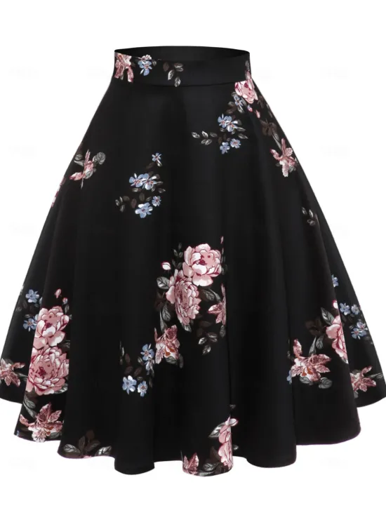 Best Women's Skirt Tutu Vintage Fashion Casual Knee-length High Waist Skirts Floral Ruched Print Vacation Street Winter Cotton Women Skirts
