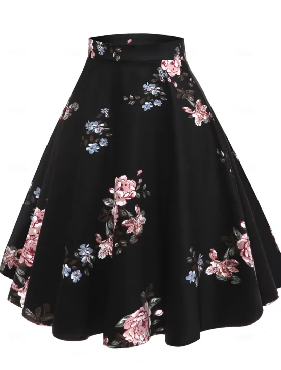 Best Women's Skirt Tutu Vintage Fashion Casual Knee-length High Waist Skirts Floral Ruched Print Vacation Street Winter Cotton Women Skirts