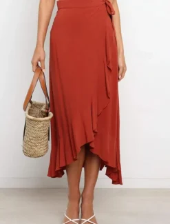 Online Women's Skirt Wrap Skirt Fashion Casual Midi High Waist Skirts Solid Colored Ruffle Casual Daily Weekend Black Pink Red Blue Summer Chiffon Women Skirts