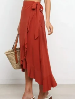 Online Women's Skirt Wrap Skirt Fashion Casual Midi High Waist Skirts Solid Colored Ruffle Casual Daily Weekend Black Pink Red Blue Summer Chiffon Women Skirts