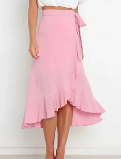 Online Women's Skirt Wrap Skirt Fashion Casual Midi High Waist Skirts Solid Colored Ruffle Casual Daily Weekend Black Pink Red Blue Summer Chiffon Women Skirts