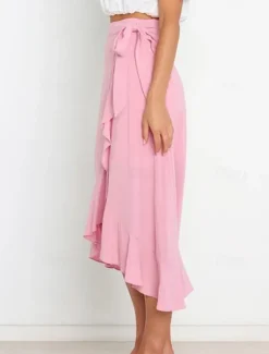 Online Women's Skirt Wrap Skirt Fashion Casual Midi High Waist Skirts Solid Colored Ruffle Casual Daily Weekend Black Pink Red Blue Summer Chiffon Women Skirts