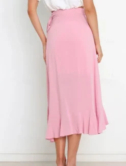 Online Women's Skirt Wrap Skirt Fashion Casual Midi High Waist Skirts Solid Colored Ruffle Casual Daily Weekend Black Pink Red Blue Summer Chiffon Women Skirts