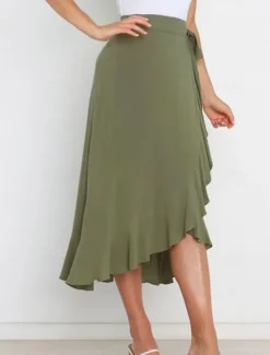 Online Women's Skirt Wrap Skirt Fashion Casual Midi High Waist Skirts Solid Colored Ruffle Casual Daily Weekend Black Pink Red Blue Summer Chiffon Women Skirts