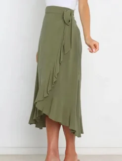 Online Women's Skirt Wrap Skirt Fashion Casual Midi High Waist Skirts Solid Colored Ruffle Casual Daily Weekend Black Pink Red Blue Summer Chiffon Women Skirts