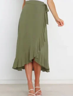 Online Women's Skirt Wrap Skirt Fashion Casual Midi High Waist Skirts Solid Colored Ruffle Casual Daily Weekend Black Pink Red Blue Summer Chiffon Women Skirts