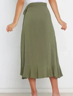 Online Women's Skirt Wrap Skirt Fashion Casual Midi High Waist Skirts Solid Colored Ruffle Casual Daily Weekend Black Pink Red Blue Summer Chiffon Women Skirts