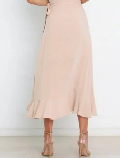 Online Women's Skirt Wrap Skirt Fashion Casual Midi High Waist Skirts Solid Colored Ruffle Casual Daily Weekend Black Pink Red Blue Summer Chiffon Women Skirts
